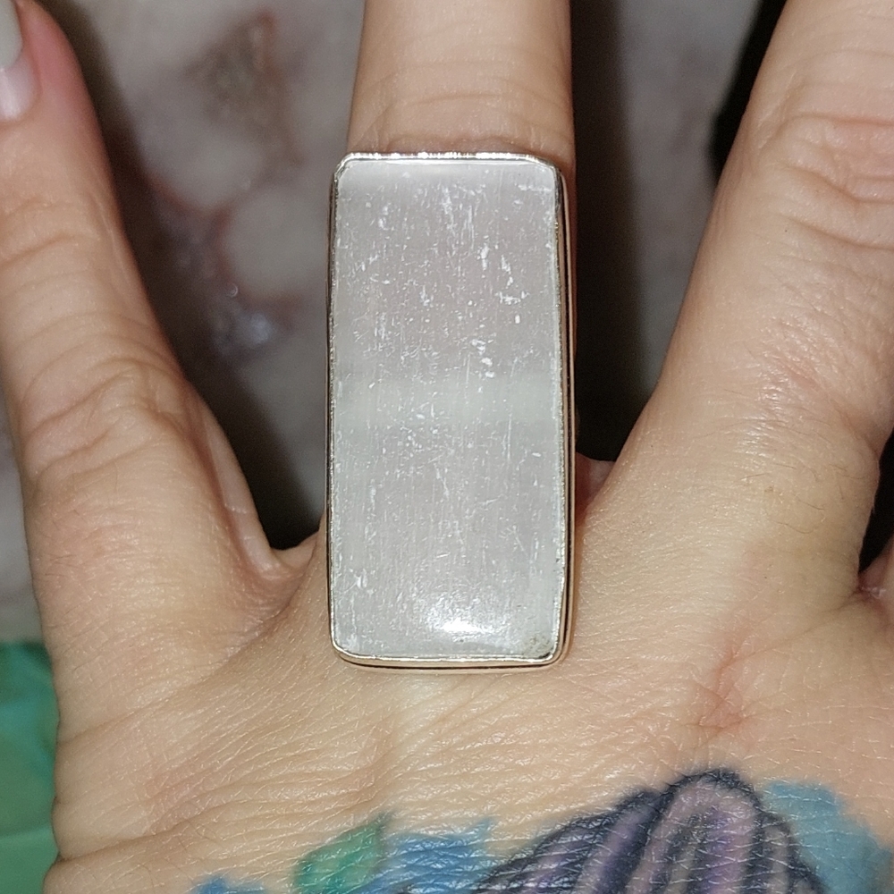 Elongated Rectangle Selenite Ring